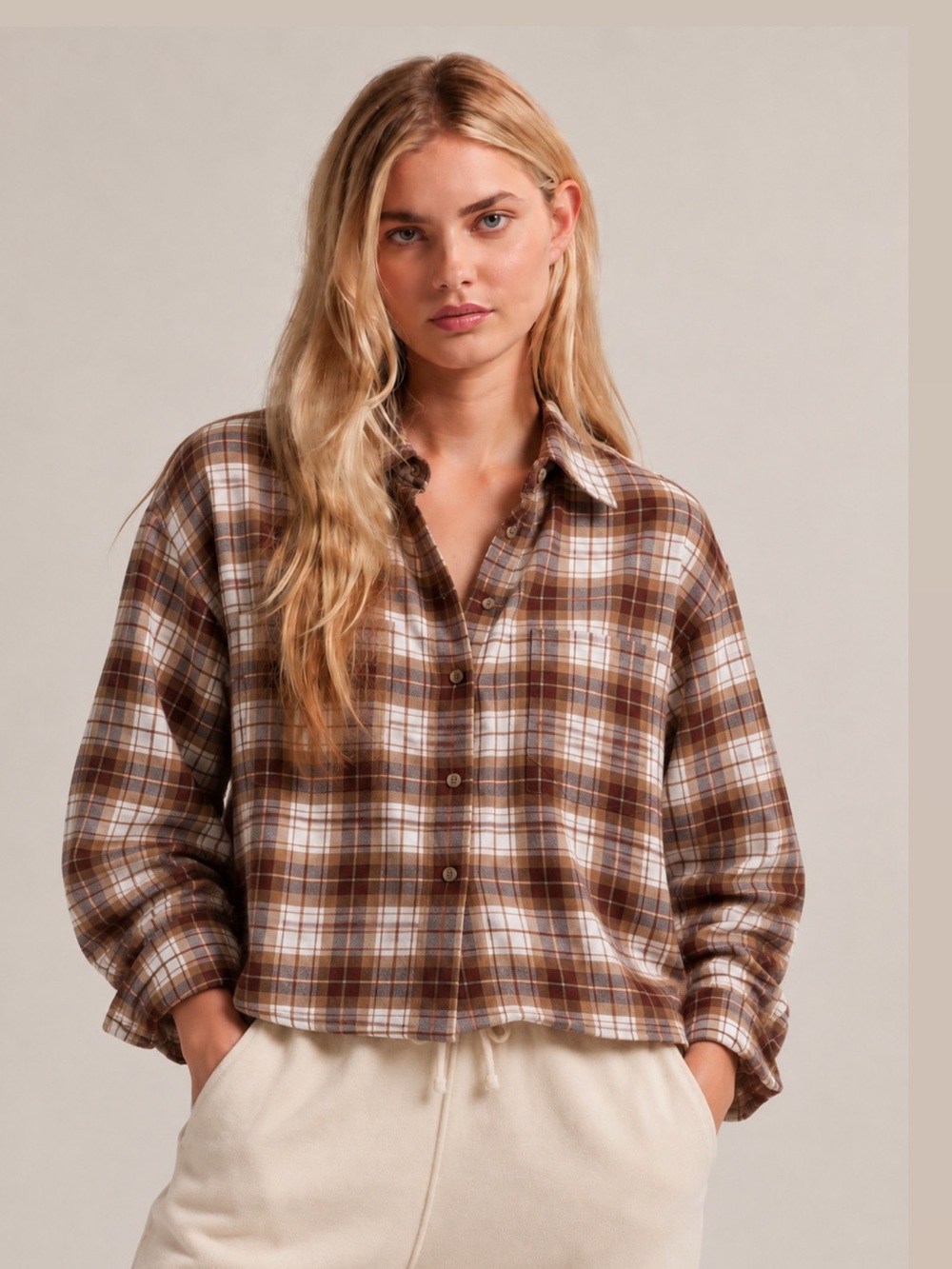 American Eagle Brown Plaid Button-Up Shirt - Women's Relaxed Flannel oversized